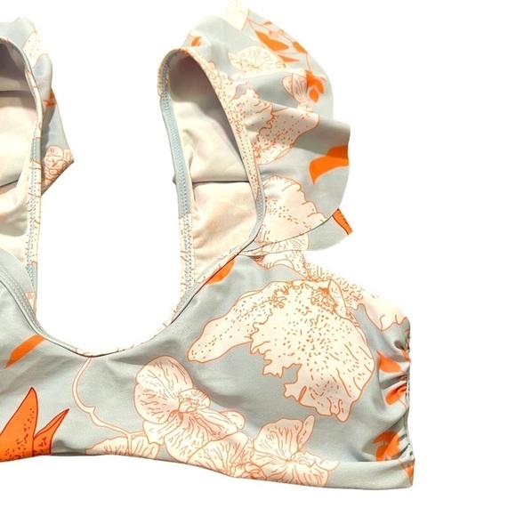 Bikini Top Light Blue White Orange Floral Birds Ruffle M - Picture 3 of 8